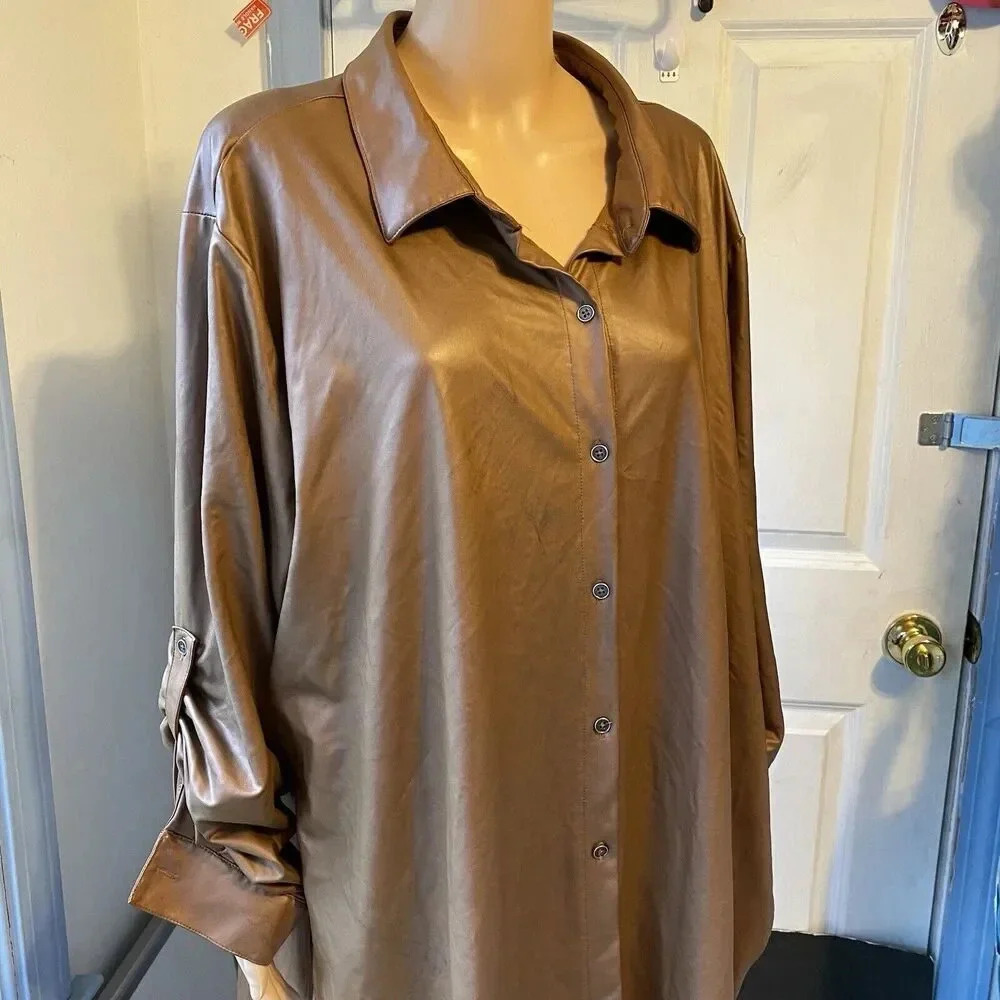 NewLook Womens 3X Midi Shirt Dress Button Up Side Split LookLike Suede Champagne - Picture 8 of 13